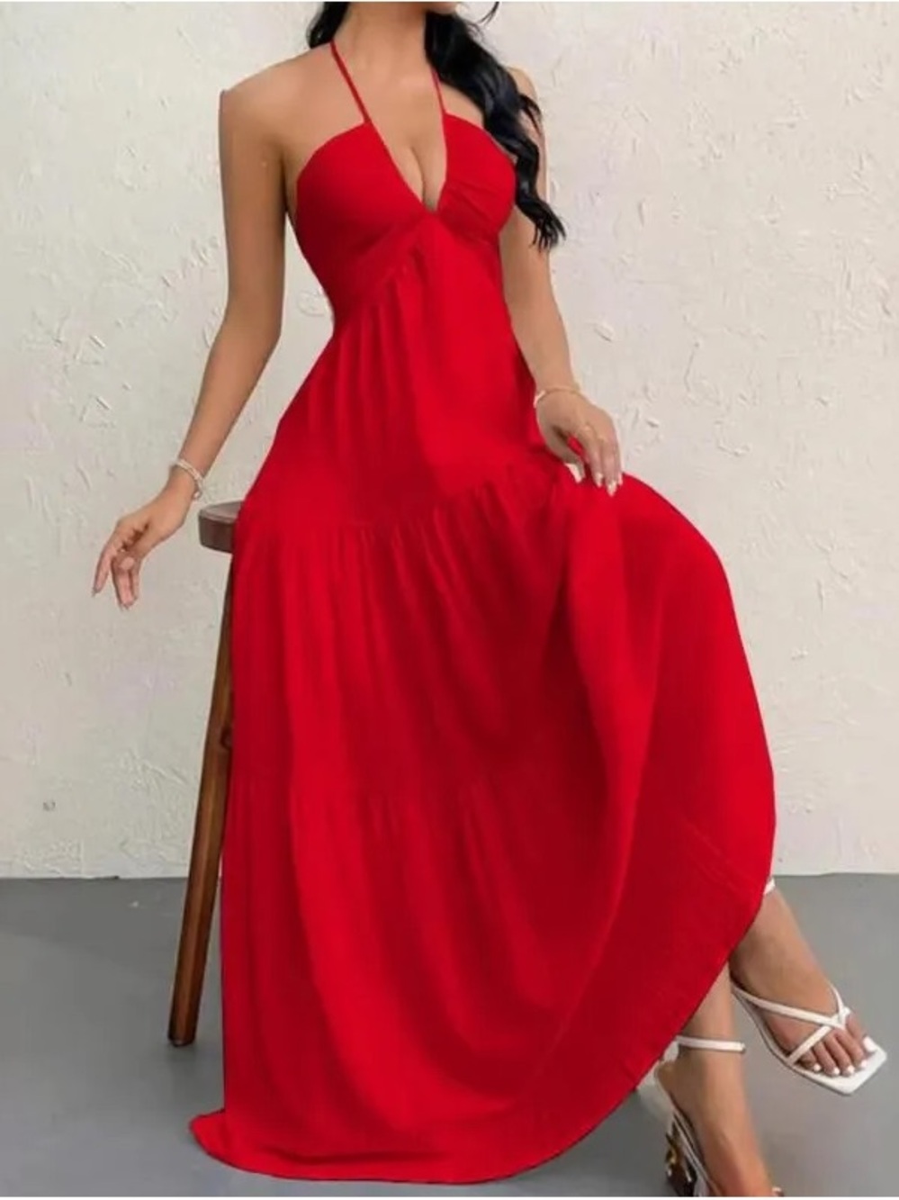 Red Halter Maxi Dress with Deep V - Women